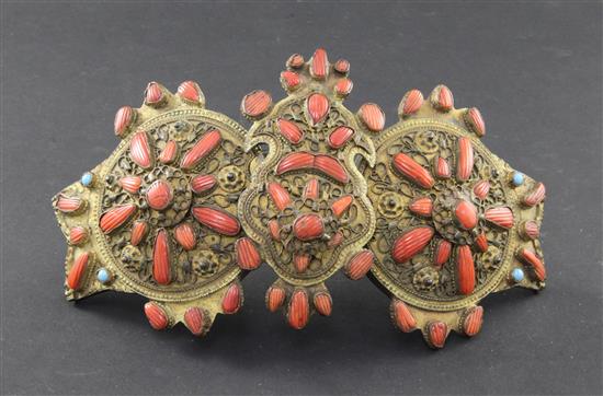 A 19th century Turkish bronzed metal two piece belt buckle, 9.5in.